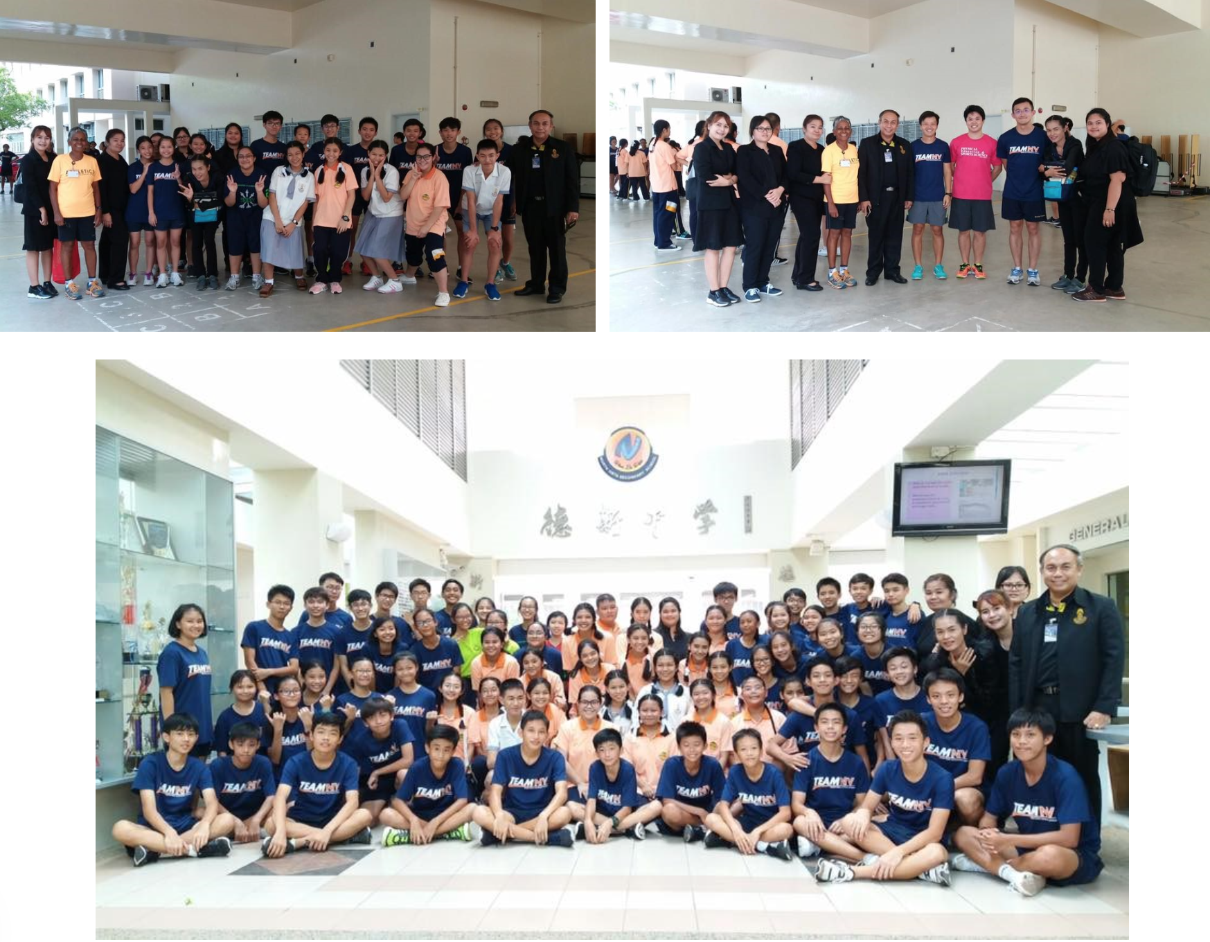 Three group photos of students and adults in navy TeamNY shirts posing inside a school building with Chinese characters.